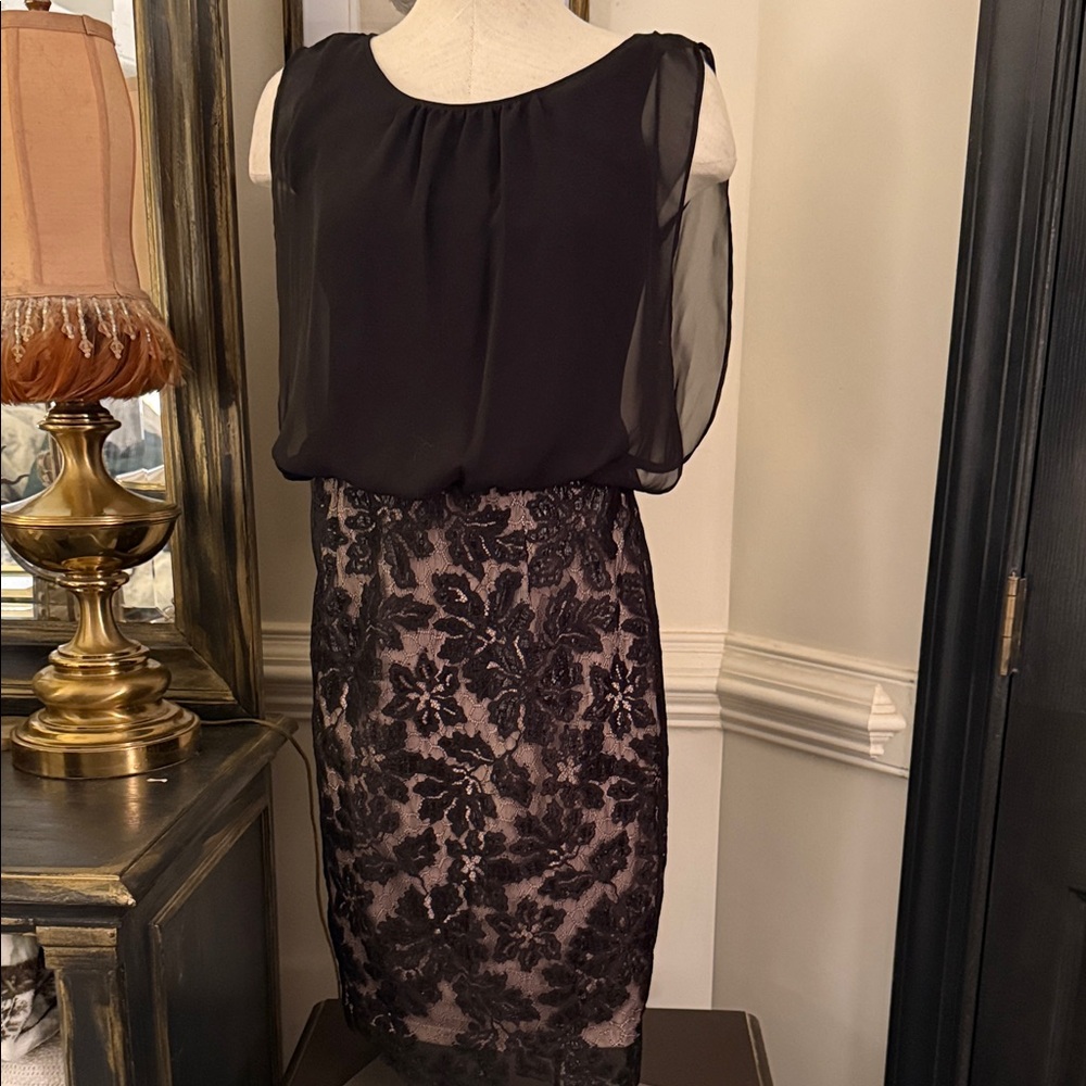 Calvin Klein Black Chiffon dress with Black Lace Overlay Skirt